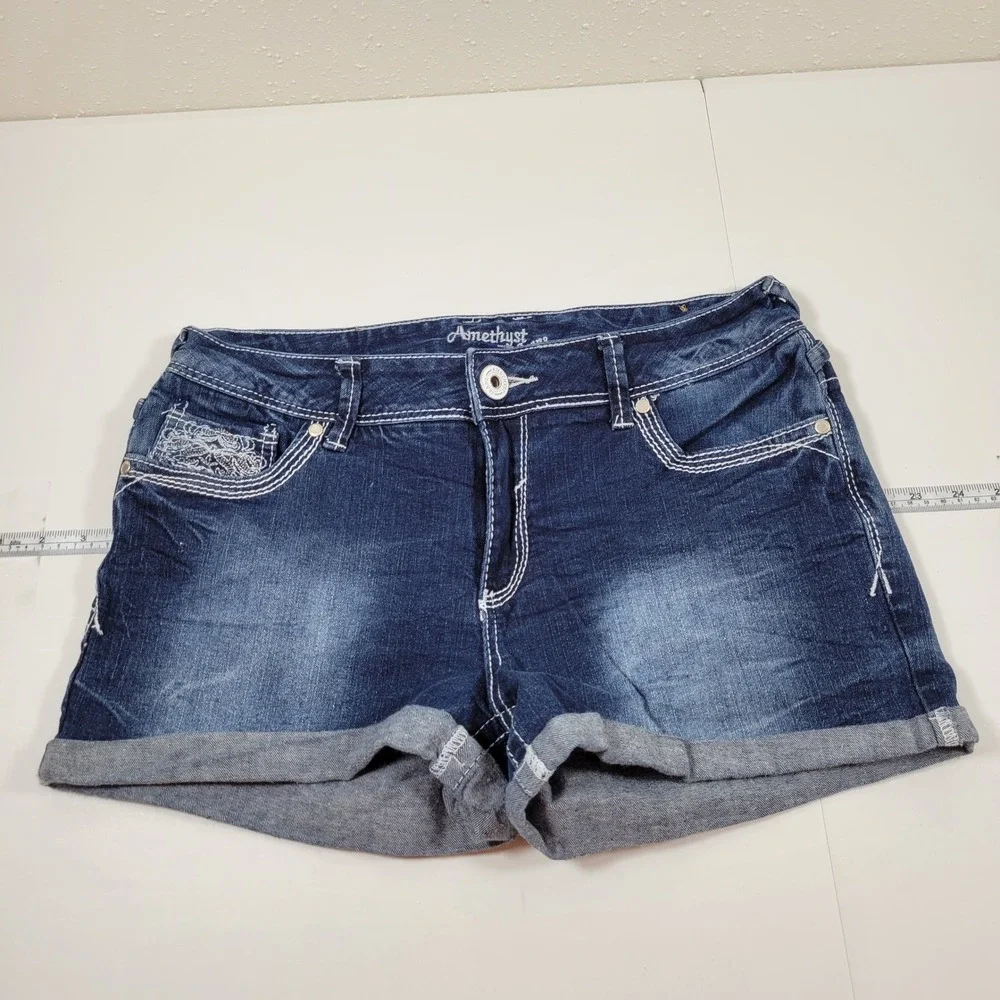 Amethyst Jeans Denim Shorts Womens 11 Blue Excellent Embroidered Cuffed Boho